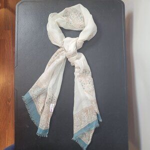 Handmade Sevya White & Blue Scarf With Paisley Print Cotton & Silk Blend Lightwe